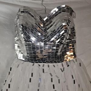 Strapless Evening Prom Gown with Metallic Silver Sequined Bodice Full Skirt LG
